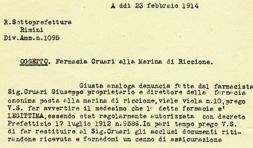 Copia degli anni ’40 del documento originale di autorizzazione all’apertura della Farmacia.